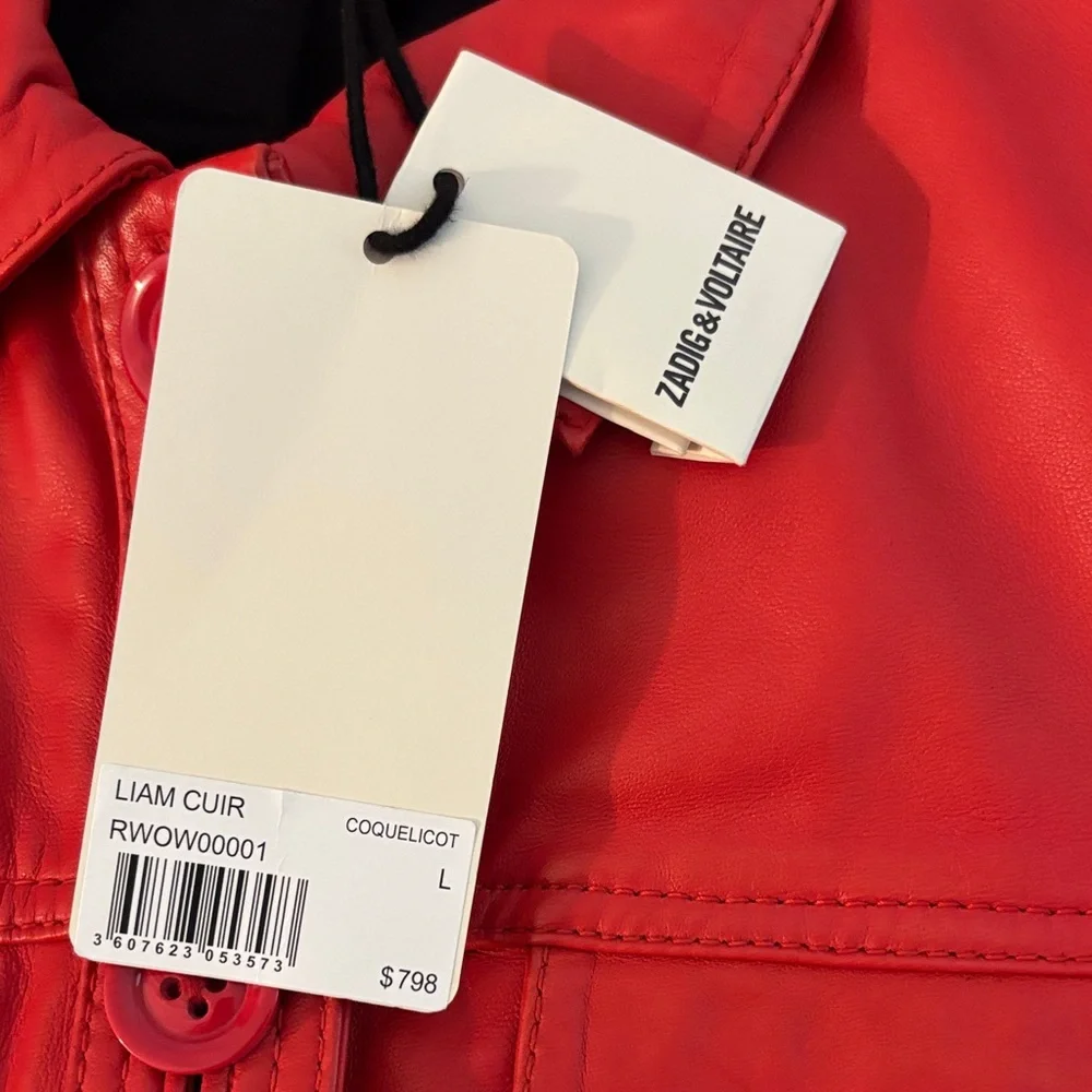 Zadig & Voltaire Red Orange Liam Leather Button-Front Jacket - Picture 8 of 9